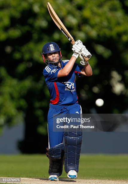 Beth Morgan of England Academy plays a stroke during the friendly T20 cricket match between England and England Academy at Loughborough University on...