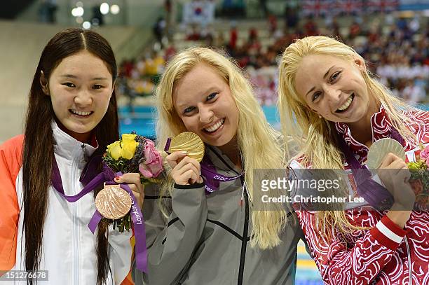 Silver medallist Olesya Vladykina of Russia, gold medallist Jessica Long of the United States and bronze medallist Shengnan Jiang of China pose on...