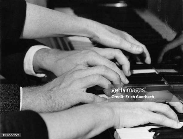 Pianist Yaltah Menuhin and her husband Joel Ryce playing a work for four hands, 18th October 1962.