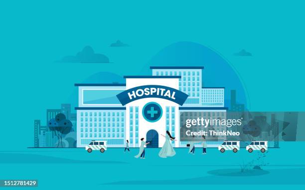 ilustraciones, imágenes clip art, dibujos animados e iconos de stock de diseño vectorial del edificio del hospital del centro médico - urgencias-hospital