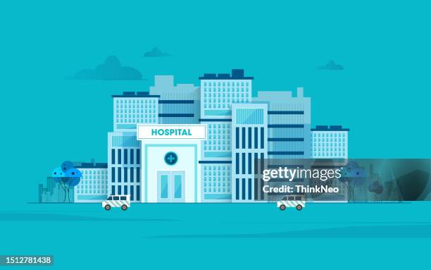 ilustraciones, imágenes clip art, dibujos animados e iconos de stock de hospital en la ciudad - hospital