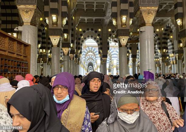 Pilgrims perform Friday prayer at the Al-Masjid an-Nabawi in Medina, Saudi Arabia on July 7, 2023.