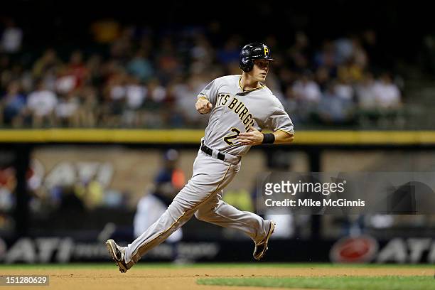 Brock Holt of the Pittsburgh Pirates runs to second base during the game against the Milwaukee Brewers at Miller Park on September 01, 2012 in...