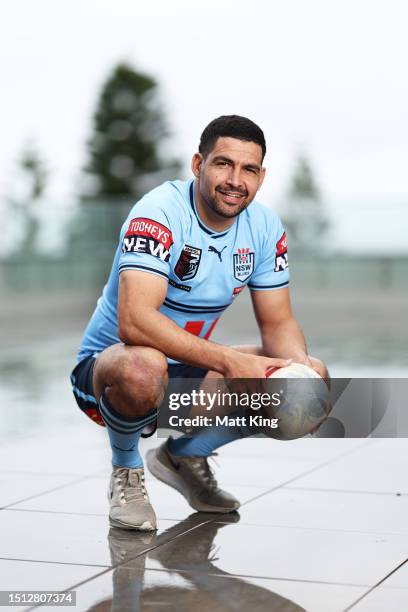 Cody Walker poses during a New South Wales Blues State of Origin Media Opportunity at Crowne Plaza Coogee on July 04, 2023 in Sydney, Australia.