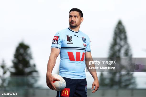 Cody Walker poses during a New South Wales Blues State of Origin Media Opportunity at Crowne Plaza Coogee on July 04, 2023 in Sydney, Australia.
