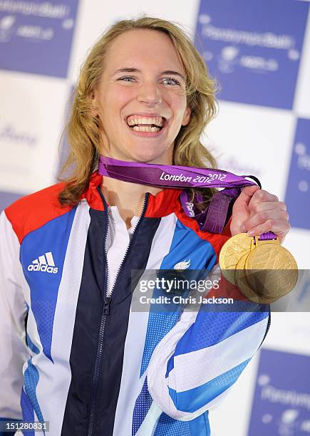 Sophie Christiansen, triple gold medal winning paralympian arrives at the 2012 Paralympic Ball at Grosvenor House Hotel on September 5, 2012 in...