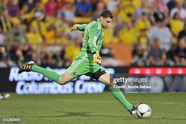 Goalkeeper Andy Gruenebaum of the Columbus Crew controls the ball against the Montreal Impact on September 1, 2012 at Crew Stadium in Columbus, Ohio.