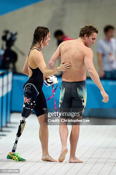 Medallists Ellie Cole and Matthew Cowdrey of Australia congratulate each other on day 7 of the London 2012 Paralympic Games at Aquatics Centre on...