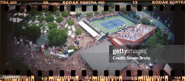 Panoramic aerial view of courts taken from Arthur Ashe Stadium during 1st Round at BJK National Tennis Center. Photographer used a Lomography...