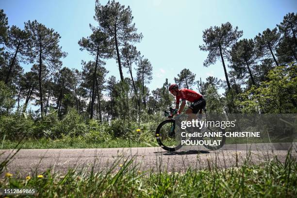 Team Arkea - Samsic's French rider Simon Guglielmi cycles in a lone breakaway during the 7th stage of the 110th edition of the Tour de France cycling...