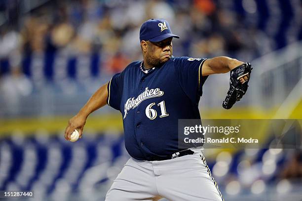 Pitcher Livan Hernandez of the Milwaukee Brewers pitches during an MLB game against the Miami Marlins at Marlins Park on September 3, 2012 in Miami,...