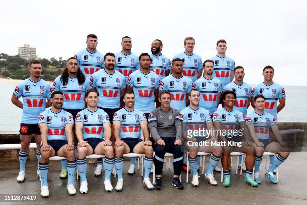 The New South Wales Blues pose for a team photo during a New South Wales Blues State of Origin Media Opportunity at Coogee Surf Life Saving Club on...
