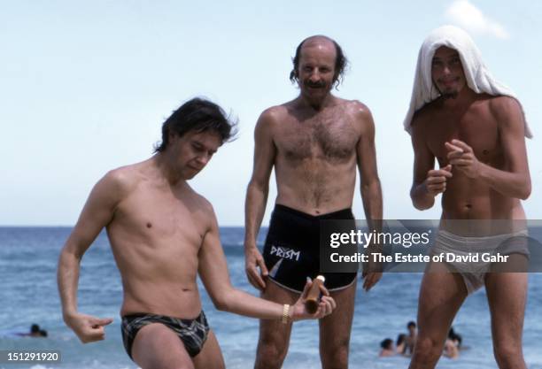 Jazz guitarist John McLaughlin, jazz keyboardist Joe Zawinul, and jazz electric bassist Jaco Pastorius pose for a fun portrait while relaxing at a...