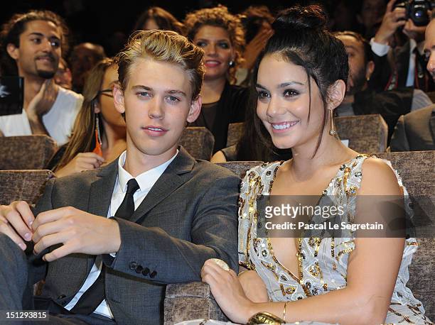 Actress Vanessa Hudgens and Austin Butler inside the "Spring Breakers" Premiere during The 69th Venice Film Festival at the Palazzo del Cinema on...