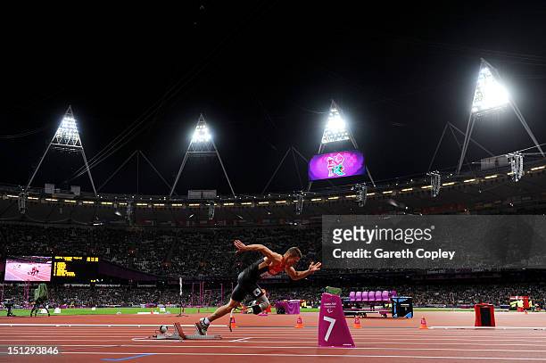 Markus Rehm of Germany starts in the Men's 4x100m relay T42/T46 Final on day 7 of the London 2012 Paralympic Games at Olympic Stadium on September 5,...