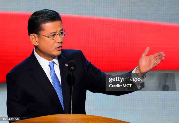 Gen. Eric Shinseki, retired, speaks on the second night of the 2012 Democratic National Convention at Time Warner Cable Arena, Wednesday, September...