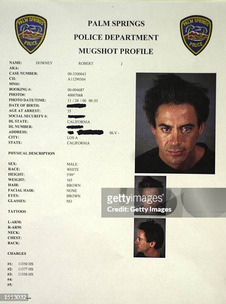 Robert Downey Jr. Is shown in a mugshot profile November 25 after his arrest at the Merv Griffin Resort in Palm Springs, Calif. For drug possession....
