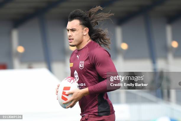 Tino Fa'asuamaleaui of the Queensland Maroons trains during a State of Origin squad visit at Barlow Park on July 04, 2023 in Cairns, Australia.