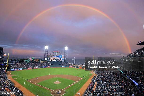 General view of AT&T Park with a rainbow in the background during the first inning between the San Francisco Giants and the Arizona Diamondbacks on...