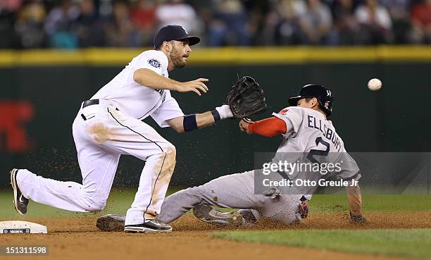 Jacoby Ellsbury of the Boston Red Sox steals second base against Dustin Ackley of the Seattle Mariners at Safeco Field on September 5, 2012 in...