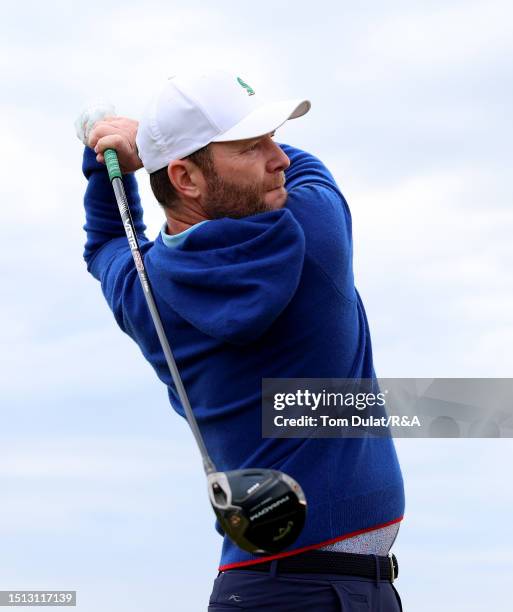 Branden Grace of South Africa tees off from the 1st hole during The Open Final Qualifying at Royal Cinque Ports Golf Club on July 04, 2023 in Deal,...