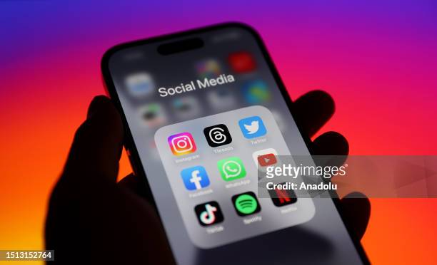 In this photo illustration, logos of Threads, Instagram, Facebook, WhatsApp, YouTube, TikTok, Spotify, Netflix and Twitter is displayed on a mobile...