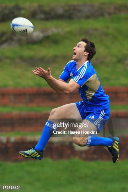 Ben Smith takes a high ball during a New Zealand All Blacks training session at Rugby League Park on September 6, 2012 in Wellington, New Zealand.