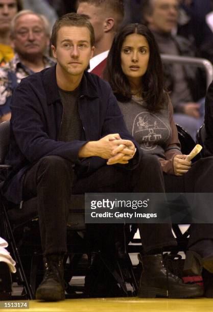 Actor Edward Norton and actress Salma Hayek at the Lakers-San Antonio Spurs game on December 1, 2000 in Los Angeles, Ca.