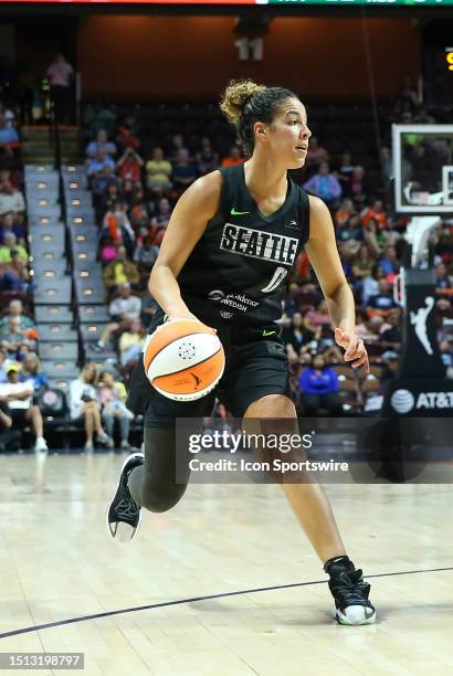 Seattle Storm guard Kia Nurse in action during a WNBA game between Seattle Storm and Connecticut Sun on July 6 at Mohegan Sun Arena in Uncasville, CT.