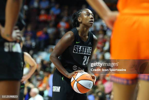 Seattle Storm guard Jewell Loyd attempt free throws during a WNBA game between Seattle Storm and Connecticut Sun on July 6 at Mohegan Sun Arena in...