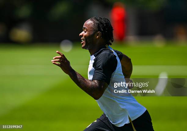 Raheem Sterling of Chelsea during a training session at Chelsea Training Ground on July 7, 2023 in Cobham, England.