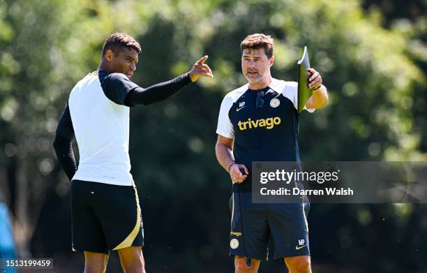 Mauricio Pochettino and Thiago Silva of Chelsea during a training session at Chelsea Training Ground on July 7, 2023 in Cobham, England.