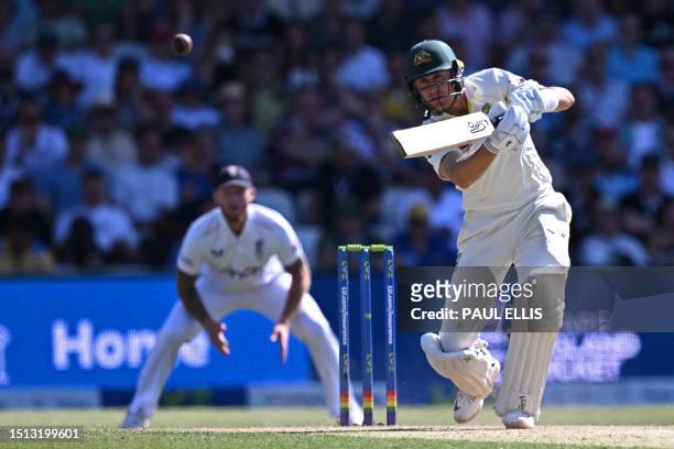 Australia's Marnus Labuschagne plays a shot on day two of the third Ashes cricket Test match between England and Australia at Headingley cricket...