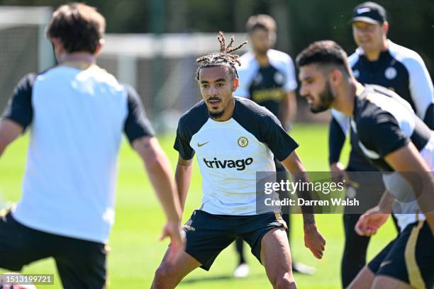 Malo Gusto of Chelsea during a training session at Chelsea Training Ground on July 7, 2023 in Cobham, England.