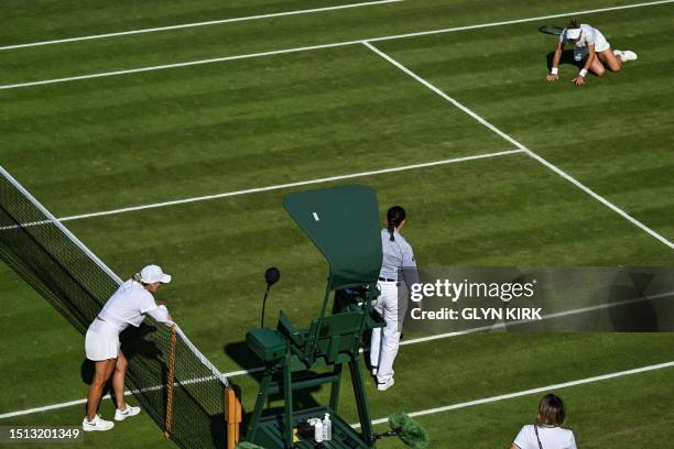 Ukraine's Lesia Tsurenko celebrates winning against Romania's Ana Bogdan during their women's singles tennis match on the fifth day of the 2023...