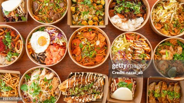 takeout food in biodegradable boxes. - biodegradable stock pictures, royalty-free photos & images