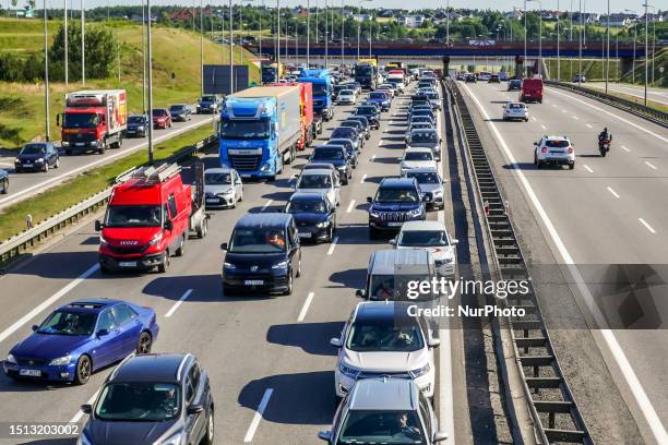 Thousands of cars , vans and trucks stuck in the giant traffic jam on the S6 highway, the TriCity ringroad are seen in Gdansk, Poland on 7 July 2023...