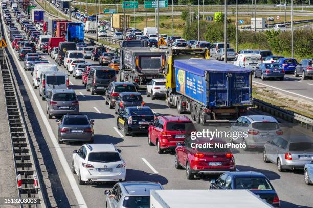 Thousands of cars , vans and trucks stuck in the giant traffic jam on the S6 highway, the TriCity ringroad are seen in Gdansk, Poland on 7 July 2023...