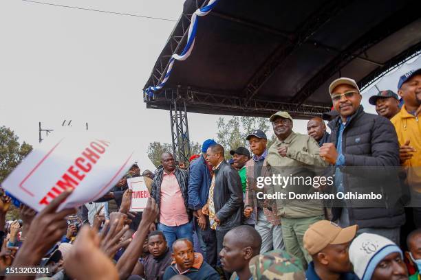 The Azimio la Umoja-One Kenya alliance party leader Raila Odinga accompanied by other leaders attend the Saba Saba rally at Kamkunji grounds on July...