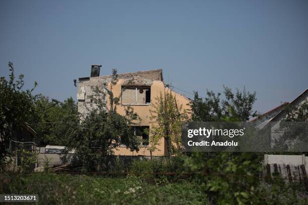 View of damaged house at Malaya Rohan village in Kharkiv, Ukraine on July 07, 2023. 68-year-old Sasha, mourns his mother, who was killed by Russian...