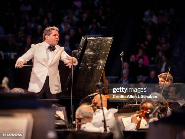 Hollywood, CA Gustavo Dudamel conducts the Los Angeles Philharmonic which was performing Mussorgsky, Falla and Ravel at Hollywood Bowl in Hollywood...