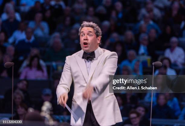 Hollywood, CA Gustavo Dudamel conducts the Los Angeles Philharmonic which was performing Mussorgsky, Falla and Ravel at Hollywood Bowl in Hollywood...