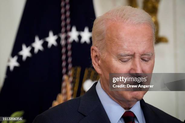 President Joe Biden speaks during an event about lowering health care costs in the East Room of the White House on July 7, 2023 in Washington, DC....