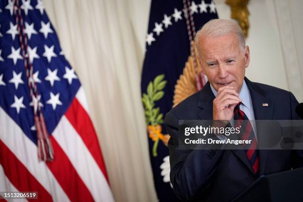 President Joe Biden speaks during an event about lowering health care costs in the East Room of the White House on July 7, 2023 in Washington, DC....