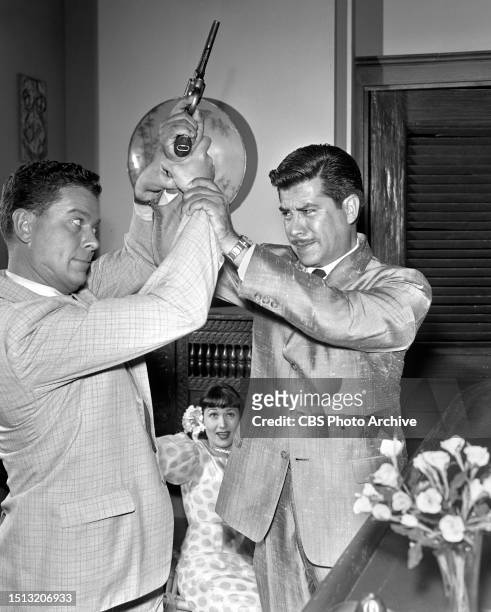 World of Giants. A CBS television sci-fi spy drama. Episode: Rainbow of Fire. Originally broadcast October 31, 1959. Left to right, Arthur Franz...