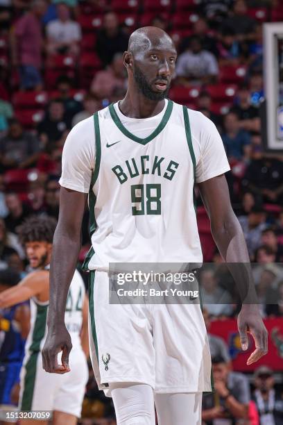 Tacko Fall of Milwuakee Bucks looks on during the game during the 2023 NBA Las Vegas Summer League on July 7, 2023 at the Thomas & Mack Center in Las...