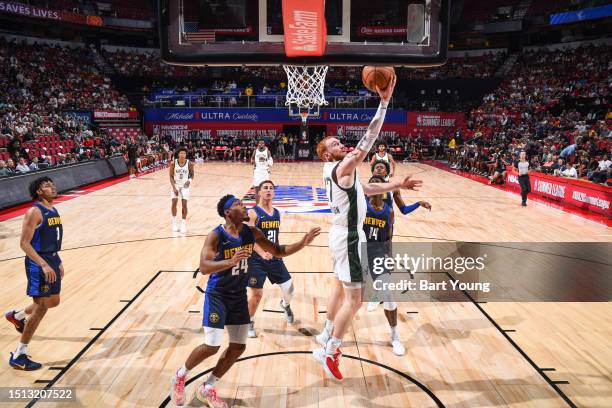 Nico Mannion of Milwuakee Bucks goes to the basket during the game during the 2023 NBA Las Vegas Summer League on July 7, 2023 at the Thomas & Mack...