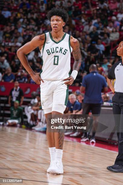 MarJon Beauchamp of Milwuakee Bucks looks on during the game during the 2023 NBA Las Vegas Summer League on July 7, 2023 at the Thomas & Mack Center...