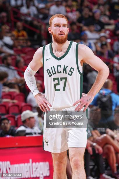 Nico Mannion of Milwuakee Bucks looks on during the game during the 2023 NBA Las Vegas Summer League on July 7, 2023 at the Thomas & Mack Center in...