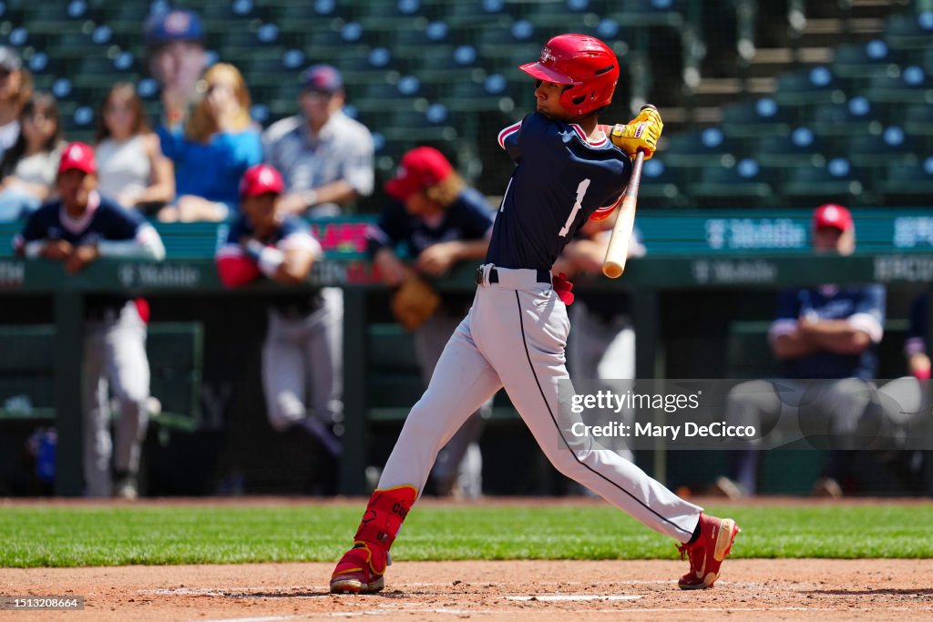 Derek Curiel of the American League Team bats during the MLBUSA